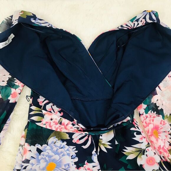 ELIZA‎ J Floral Long Sleeve Maxi Dress Chiffon Faux Wrap Navy Blue Pink Sz 8 New - Picture 9 of 11